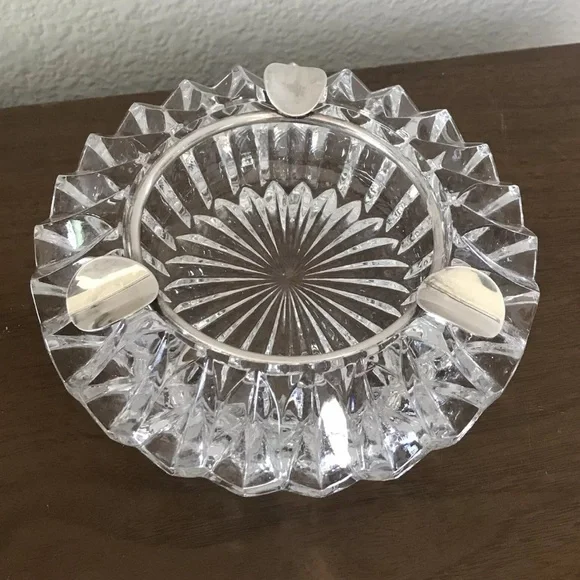 Mid Century Modern Ashtray Heavy Clear Cut Glass Silver Plate Starburst MCM - Picture 6 of 7